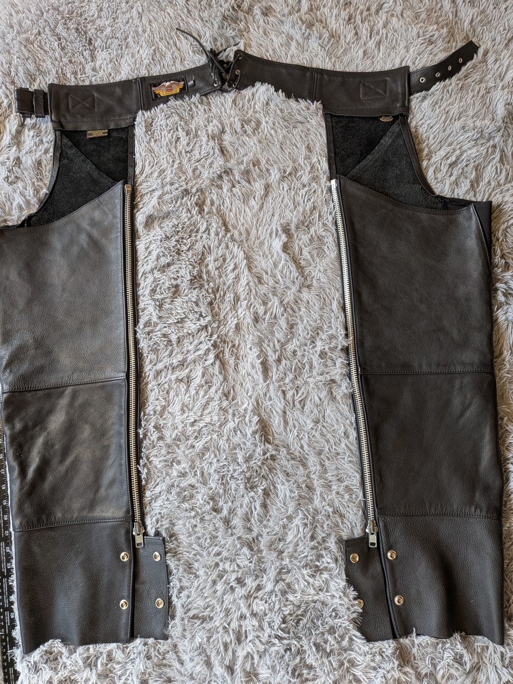 Harley-Davidson Black Leather Motorcycle Chaps with Silver Zippers